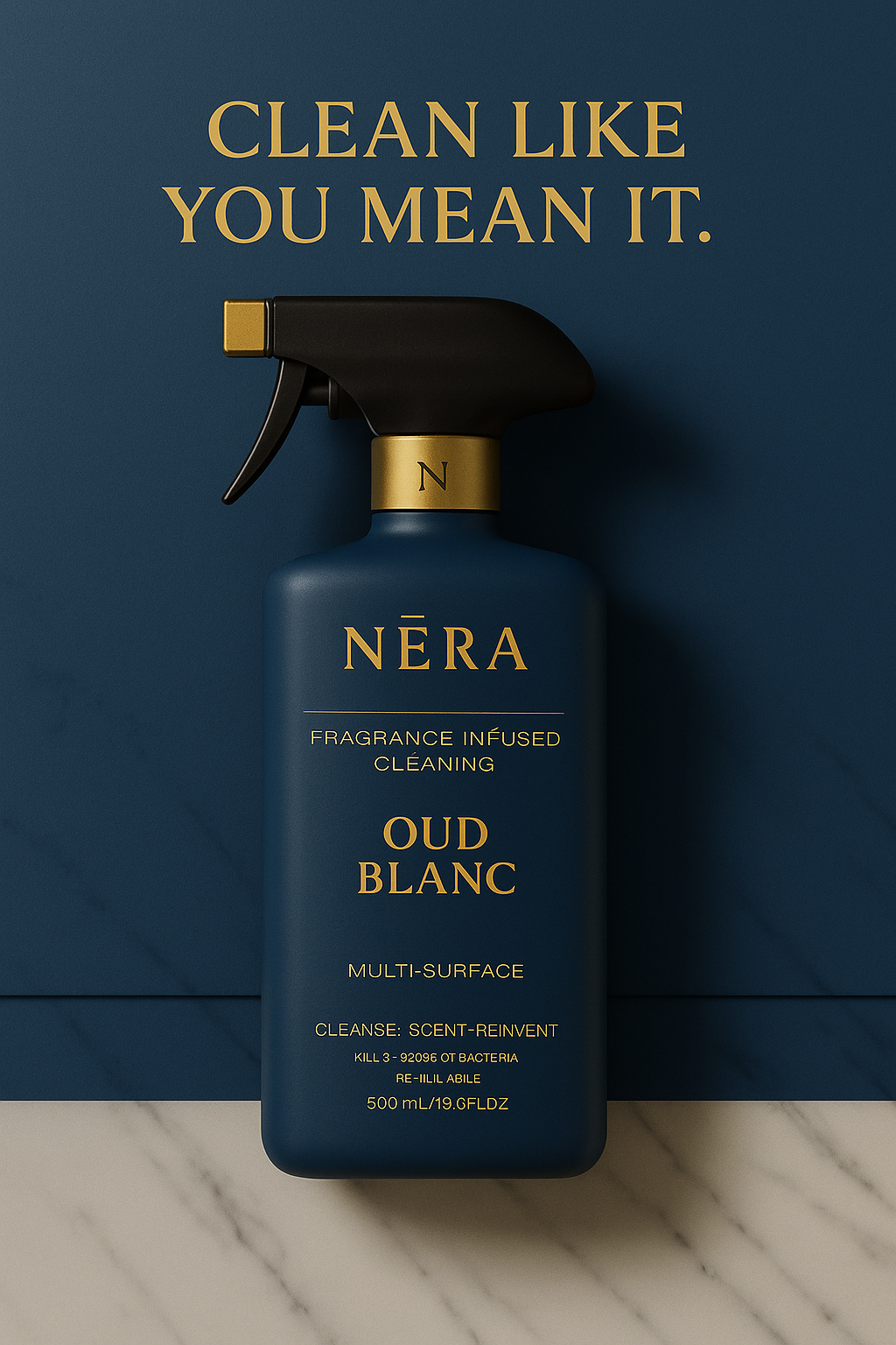 Néra Oud Blanc cleaning spray bottle on a dark blue background